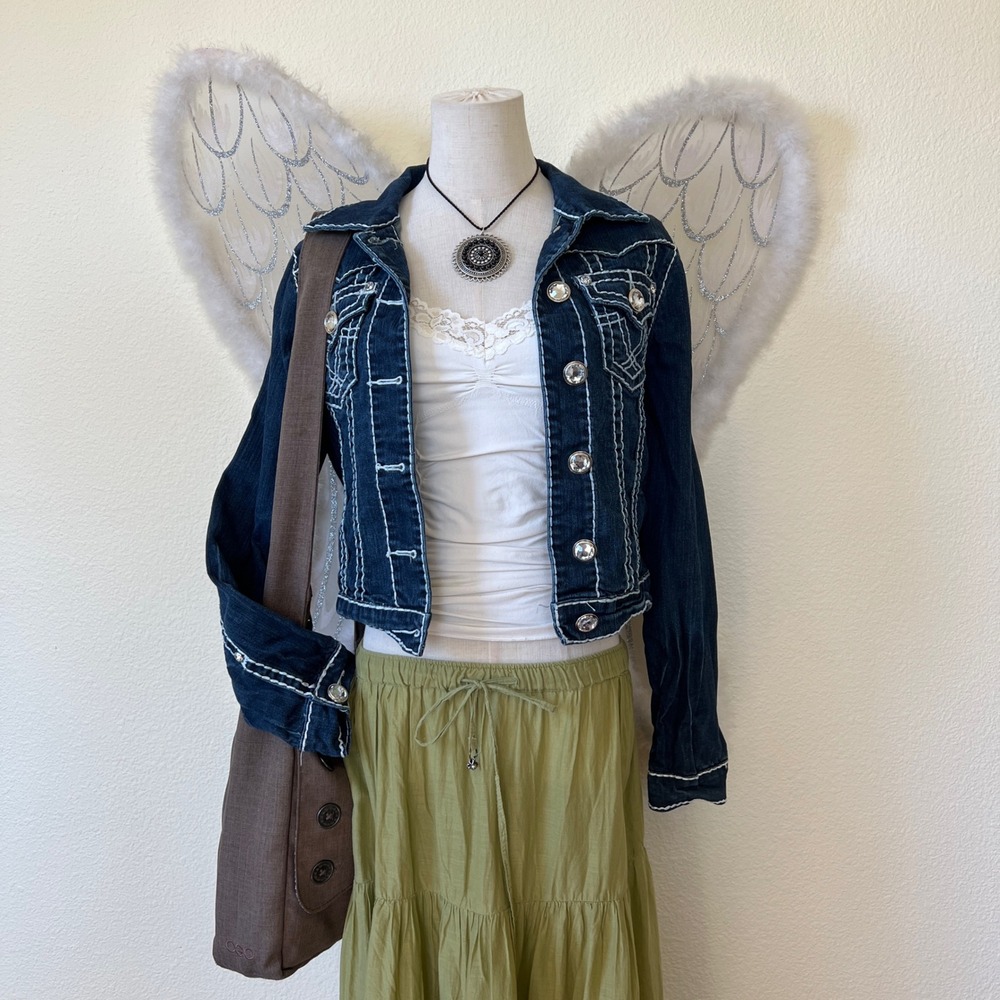 Y2K USA Denim Jacket McBling Rhinestone White‎ Stitch Dark Wash Cropped Western